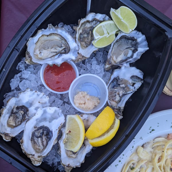Fresh oysters on ice with lime, lemon, cocktail sauce, and horseradish, ready to be enjoyed.