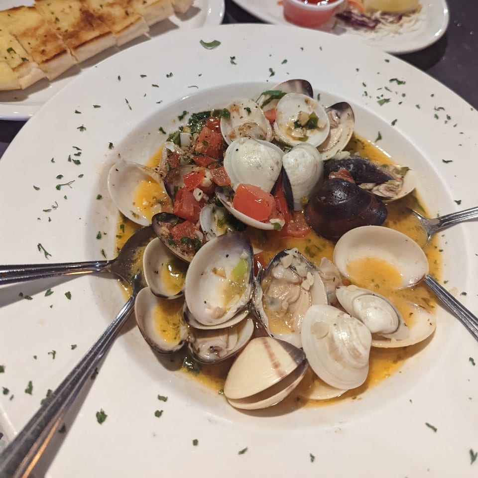 A white bowl of steamed clams in a savory broth with diced tomatoes and herbs, with garlic bread.